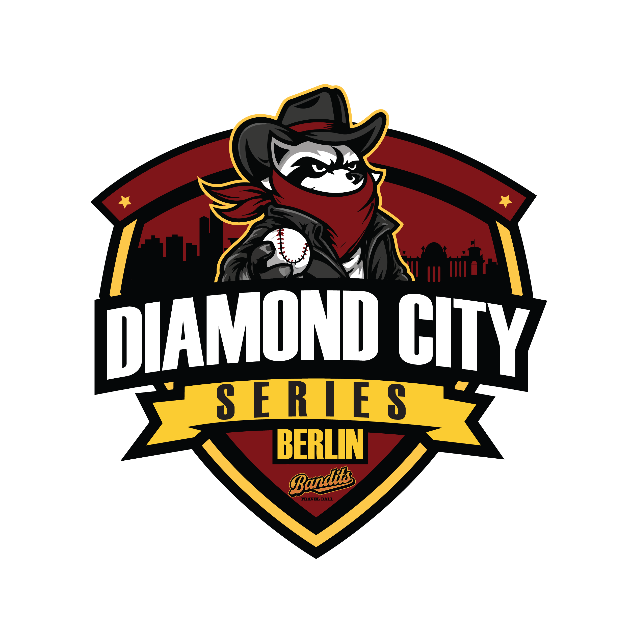 Logo der Diamond City Series Berlin mit maskiertem Waschbär im Cowboy-Stil und Baseball vor Stadtsilhouette, Bandits Baseball Event